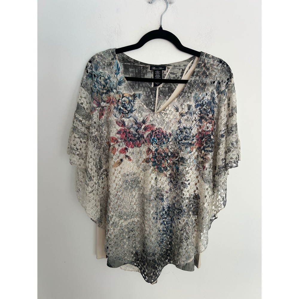 Brittany Black Floral Lace Poncho Top with Tank Lining Grey Cream S Bohemia Boho